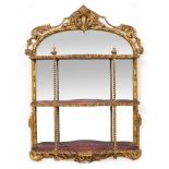 A 19TH CENTURY WALL HANGING GILT MIRROR BACKED TRIPLE SHELF serpentine red velvet shelves, 73cm wide