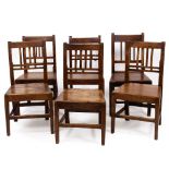 A 19TH CENTURY HARLEQUIN SET OF SIX FRUITWOOD AND ASH CHAIRS with panelled seats Condition: all