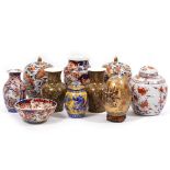 AN IMARI DECORATED PORCELAIN VASE 25.5cm high together with a pair of modern ovoid vases and covers,