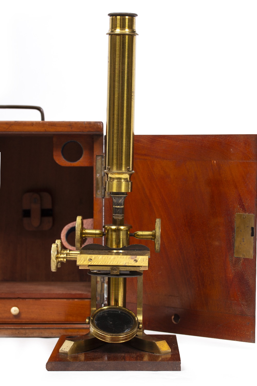 A LATE VICTORIAN 13 INCH UNSIGNED MICROSCOPE with coarse and fine focusing, mechanical stage and - Image 6 of 7