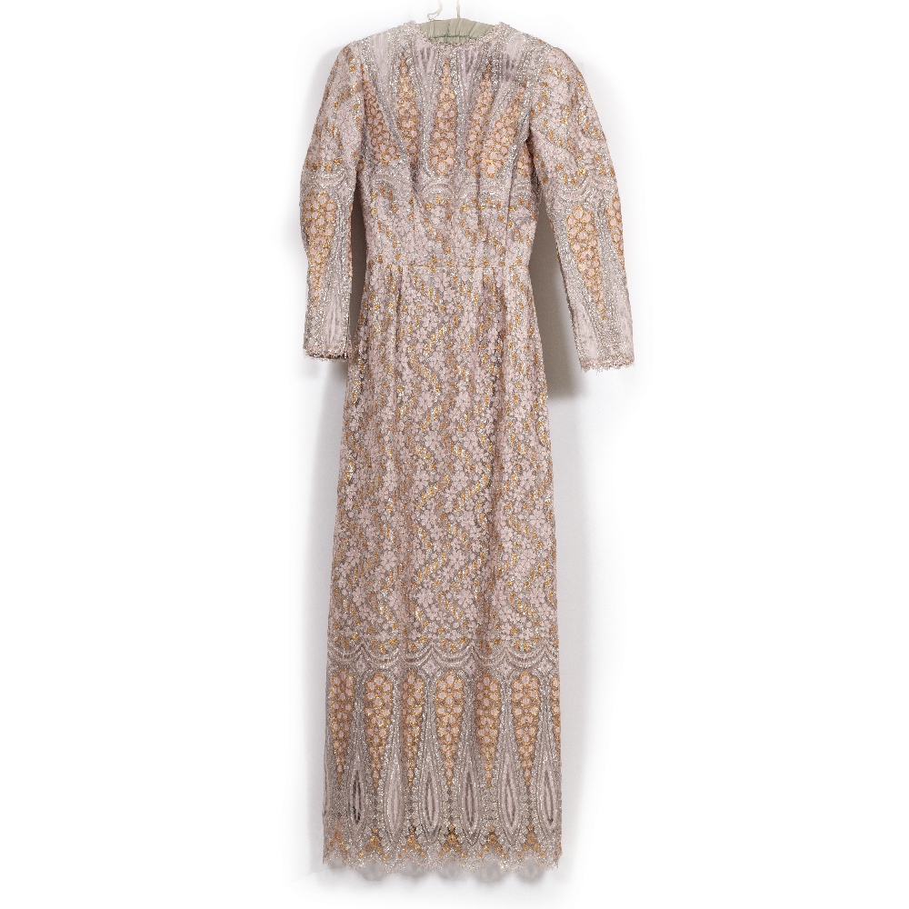 A MID TO LATE 20TH CENTURY LADIES LONG SLEEVE DRESS with pink netted flowers above a mushroom