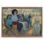 1960'S POLISH SCHOOL Figures in a park, oil on canvas, initialled HK, dated 68, marked Wczasy 1968