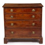 A SMALL SIZE 19TH CENTURY AND LATER MAHOGANY CHEST OF FOUR LONG GRADUATED DRAWERS with cross