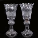 A PAIR OF CUT GLASS VASES with hob nail decoration, 22cm diameter x 45cm high (each in two parts)