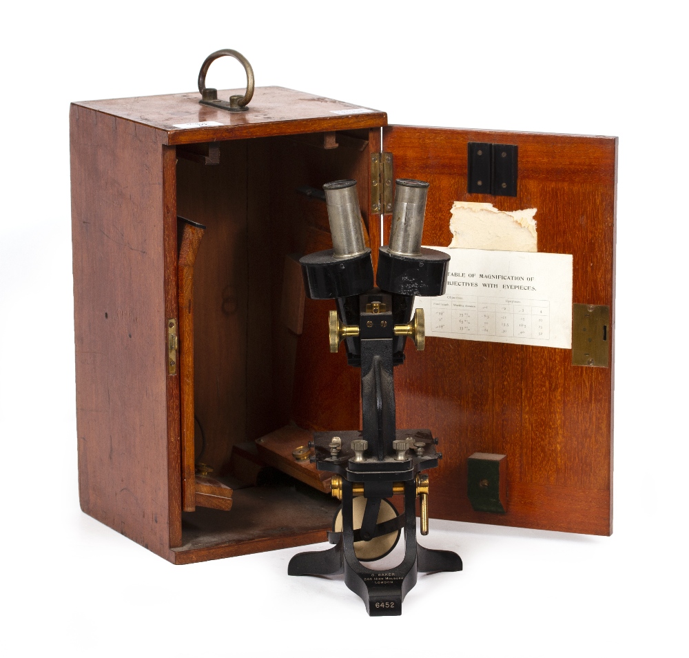 AN EARLY 20TH CENTURY BINOCULAR MICROSCOPE by C.Baker numbered 6452 in a fitted mahogany case