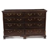 AN ANTIQUE OAK CHEST OF EIGHT DRAWERS with brass swan neck handles and raised on ogee bracket