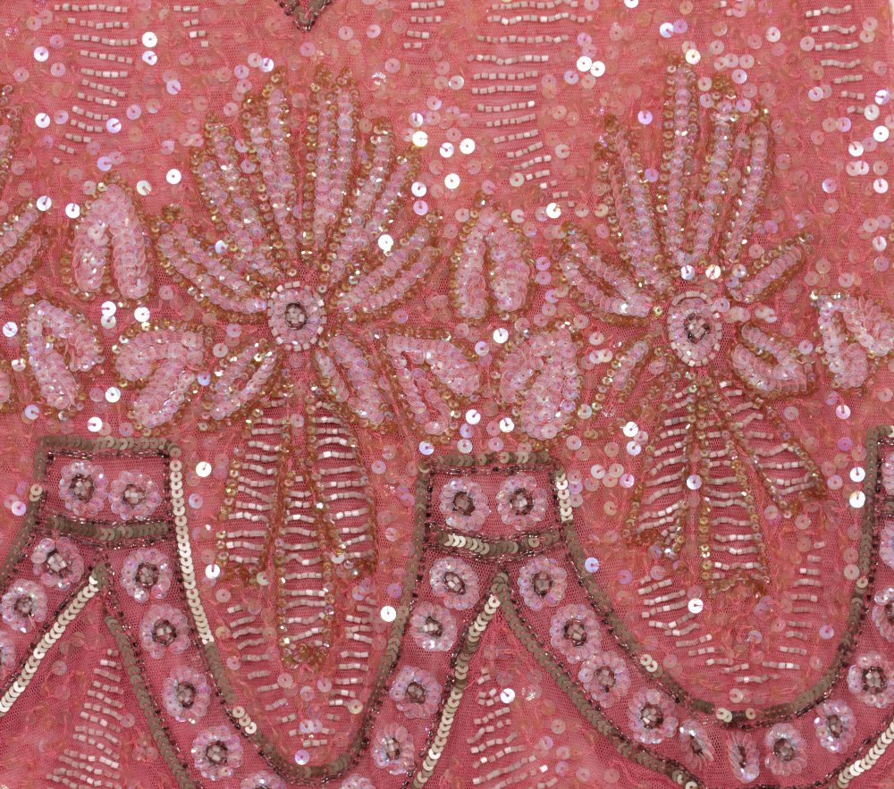 A PINK SEQUINED FLAPPER TYPE DRESS with floral motifs 113cm in length together with a further art - Image 5 of 7