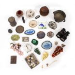 A MIXED LOT OF ORNAMENTS to include a spherical oak tea caddy, a pair of binoculars, a small