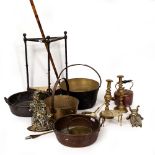 A COLLECTION OF METALWARE to include two 19th century copper jam pans, the largest 46cm wide; a