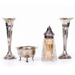 A PAIR OF SILVER TRUMPET VASES 18cm high together with a silver sugar bowl and a glass and silver