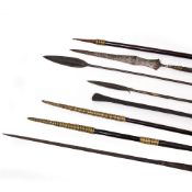 A GROUP OF ANTIQUE TRIBAL SPEARS the longest 233cm in length together with a edged weapon in a velum