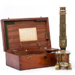 A LATE 19TH CENTURY CONTINENTAL STYLE MICROSCOPE with Y shaped foot and brass pillar, unsigned,