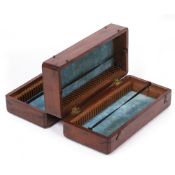 A VICTORIAN MAHOGANY MICROSCOPE SLIDE BOX with brass lacquered carrying handle with three