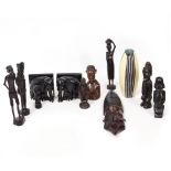 A SMALL GROUP OF AFRICAN WOODEN CARVINGS together with a vase; a Chinese Yixing teapot, strainer and