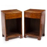 A PAIR OF ART DECO BOW FRONTED WALNUT BEDSIDE CABINETS each with single drawers and square stepped