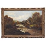 19TH CENTURY MILL AND RIVER SCENE oil on canvas, 74cm x 114cm mounted in a gilded frame, 93cm x
