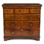 AN ANTIQUE WALNUT CHEST OF THREE SHORT AND THREE LONG DRAWERS standing on bracket feet, 101.5cm wide