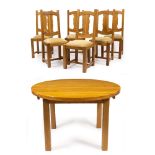 A MODERN LIGHT OAK CIRCULAR EXTENDING DINING TABLE with square legs and two extra leaves, 120cm