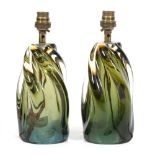 A PAIR OF SPIRALING GREEN GLASS TABLE LAMPS 25cm high to the light fitting (2) Condition: minor