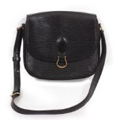 A LOUIS VUITTON BLACK LEATHER HANDBAG with textured surface and long strap, 25cm wide Condition: