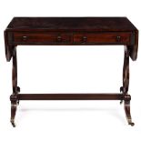 A REGENCY MAHOGANY AND EBONY INLAID SOFA TABLE with drop ends, two drawers with turned ebony