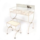 A 1950'S PAINTED WROUGHT IRON AND GLASS DRESSING TABLE with a pierced back and a matching stool,