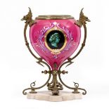 A 19TH CENTURY CONTINENTAL PORCELAIN GILT METAL AND ALABASTER OIL LAMP BASE with pink glazed ovoid