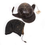 A VINTAGE LEATHER COVERED RACING DRIVERS MOTORING HELMET the interior 19.5cm front to back