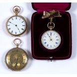 9ct rose gold ladies pocket watch with white enamel dial and blue Roman numerals, 30g approx overall