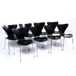 Arne Jacobsen for Fritz Hansen Set of eight chairs, mid 20th Century black painted wood over metal