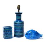 Aldo Londi (1911-2003) for Bitossi pottery blue glazed table lamp 26cm high, rectangular vase 12cm