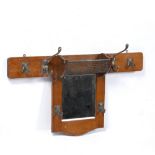 Arts & Crafts hall rack or coat rack with inset mirror 78cm wide x 43cm high