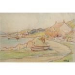 William Thornton Brocklebank (1882 - 1970) 'Seaside town' coloured pencil sketch, initialled lower