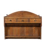 Heals wall shelf unit, circa 1910, oak 84cm wide x 65cm high approx x 20cm deep overall