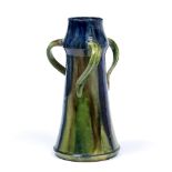Art Deco three handled pottery vase Thulin, Belgium, drip glazed with both impressed and incised