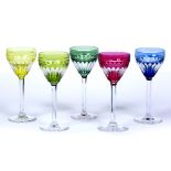 Five Val St. Lambert hock glasses cut glass, each a different colour with individual signatures to