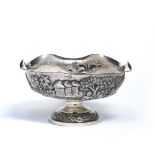 Burmese white metal bowl embossed decoration, impressed marks 174g overall, 15cm across