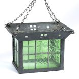 Arts and Crafts hanging light fitting, metal mounts and green glass panels 18cm x 27cm x 22cm