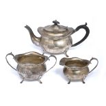 Silver three piece tea set bearing marks for S Blanckensee & Son Ltd, Chester, 1888 and 1928 1143g