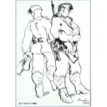 Zsuppan (20th Century) 'Two WWII Hungarian Soldiers' pen and ink sketch signed and dated 1969