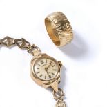 9ct yellow gold cased ladies wristwatch and a 9ct gold engraved band 16g approx overall (2)