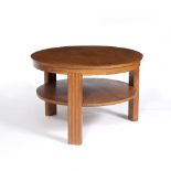 Gordon Russell two tiered table, walnut label to underside 58cm diameter x 64cm high x 20cm deep