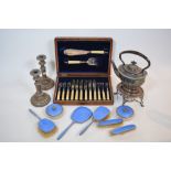 Silver plated kettle on stand a Guilloche enamel dressing table set, candlesticks etc