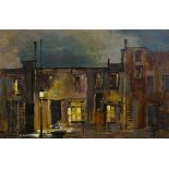 Deborah Jones (1921-2012) 'Lamp lit street scene' oil on panel signed lower right 49cm x 73cm
