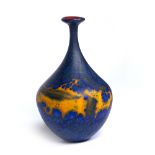 Peter Layton (b.1937) glass vase with blue and orange overlay engraved signature 19cm high