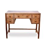 Heals kneehole desk, oak with worn plaque to drawer 97cm wide x 72cm high x 52cm deep