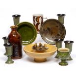 Selection of studio pottery to include: Aldermaston tankard, green glazed goblets, bird bowl,
