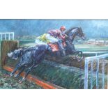 Julian Stanley (b.1951) 'Over the Sticks at the Racecourse' oil on canvas signed lower right 38cm