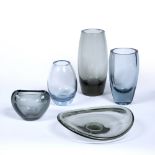 Per Lutken (1916-1998) for Holmegaard Menuet vase, sky blue vase, smoky grey vase, grey dish, each