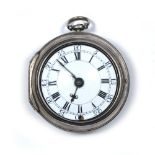 Silver pair cased pocket watch with white enamel dial with black Roman and Arabic numerals 117g